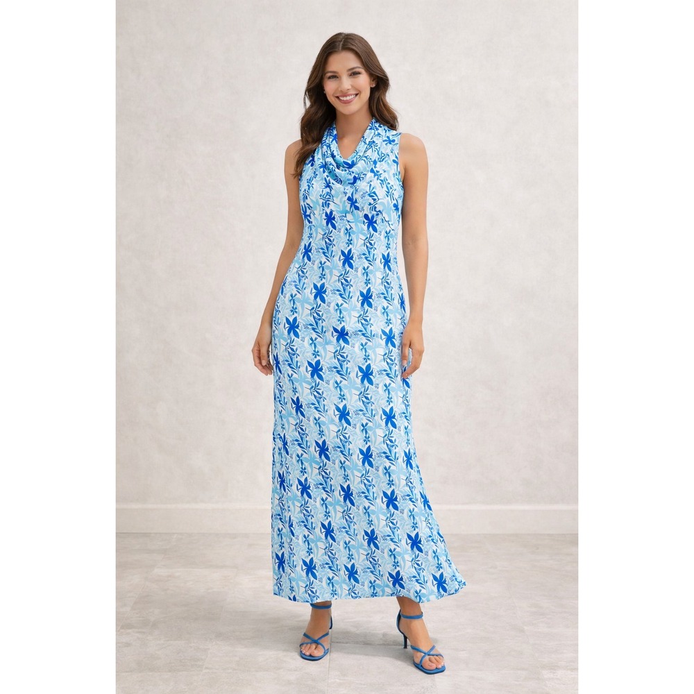 NWT Entro Maxi Dress Women Sz L Floral Blue Sleeveless Cowl Neckline Resort FLAW
